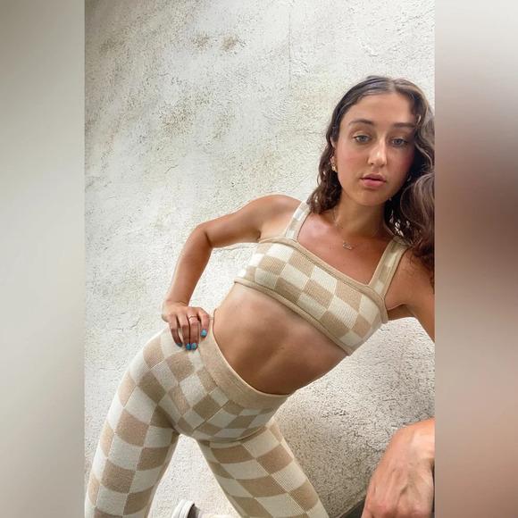 Belle the Label Checkered Knit Crop Top and Pant in Sand - Picture 3 of 14